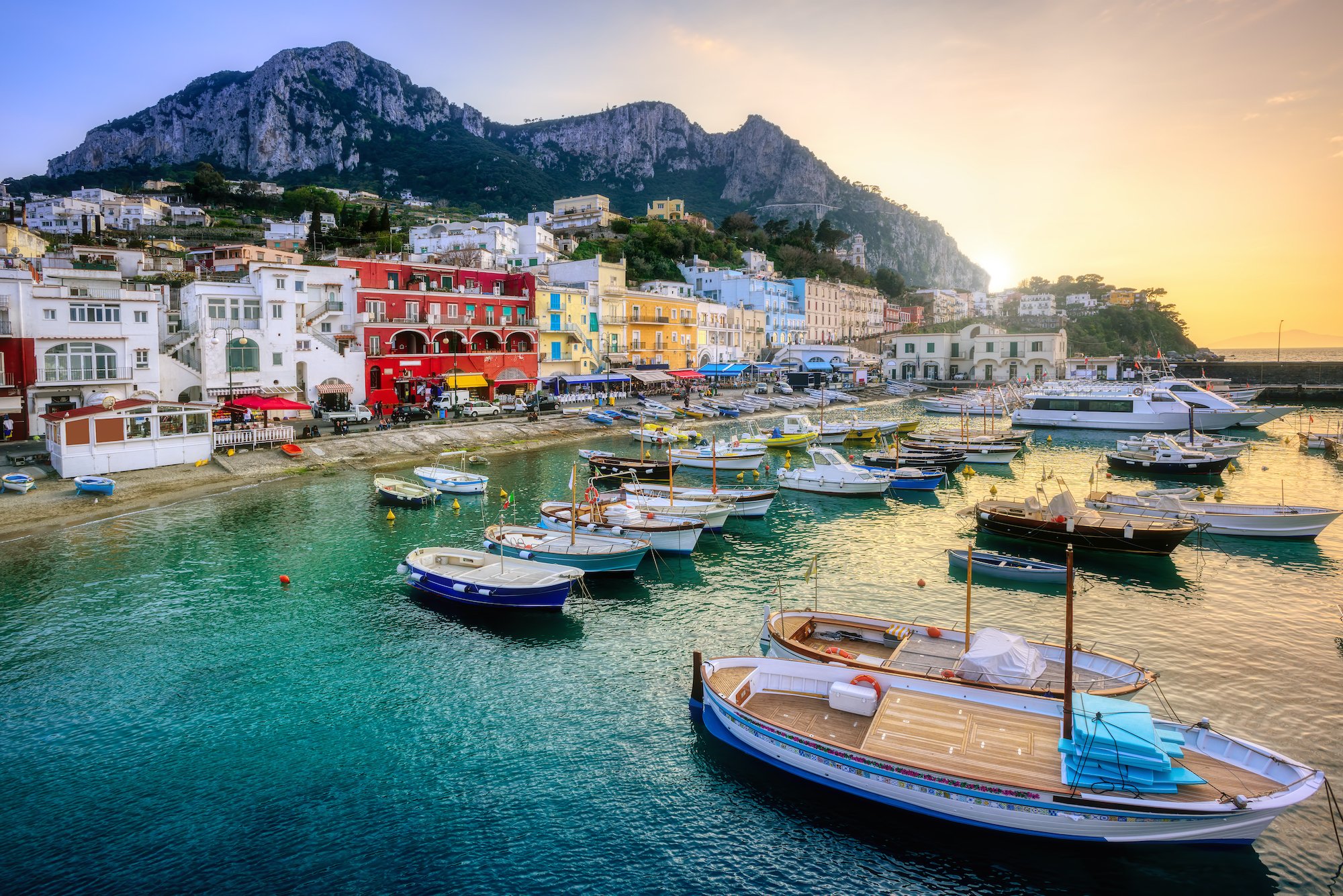 Marina Grande port on Capri Island, Naples, Italy, on dramatic sunset